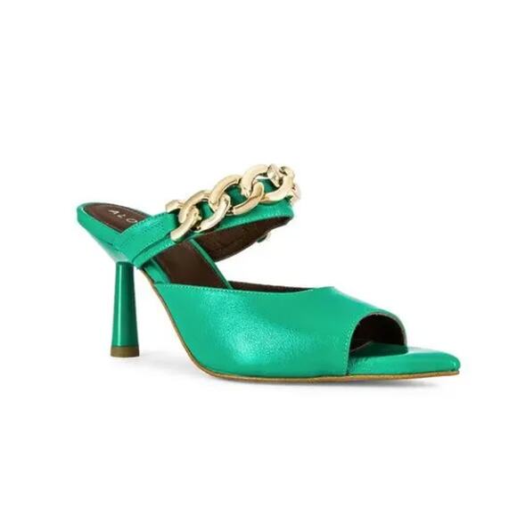 ALOHAS Daisy Heeled Mule Gold Chain Kelly Green Sz 37 / US 6 $195